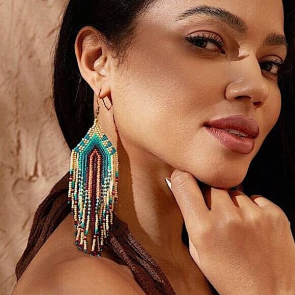 Handmade Beaded Boho Dangle Earrings Tribal Native - Picture 7 of 7